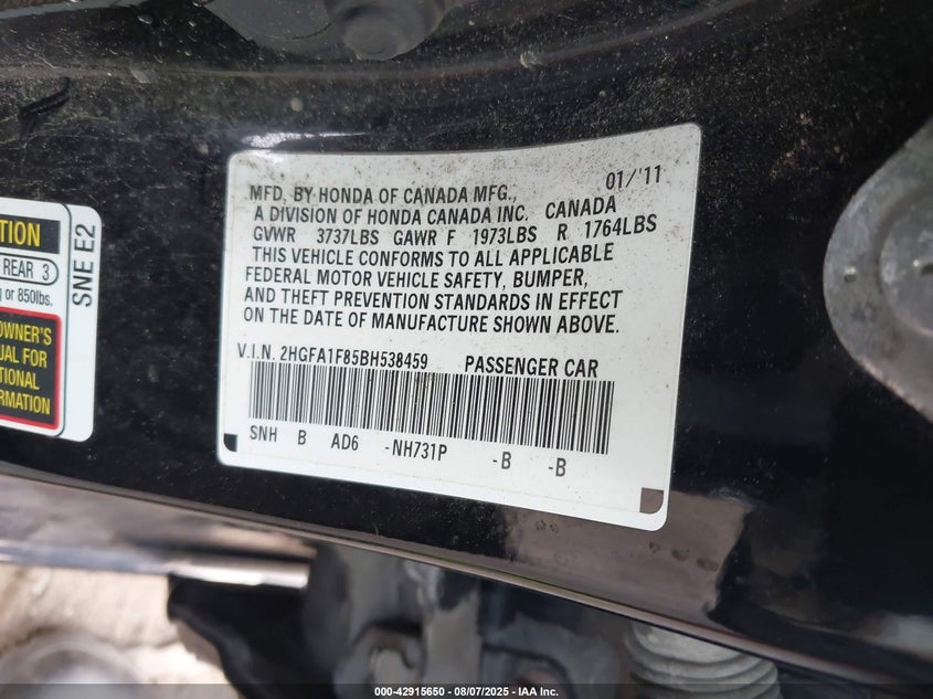 2011 Honda Civic Ex VIN: 2HGFA1F85BH538459 Lot: 42915650