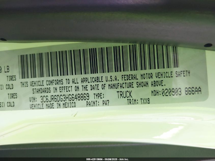 2017 Ram 1500 Tradesman 4X2 8' Box VIN: 3C6JR6DG3HG648869 Lot: 42915654