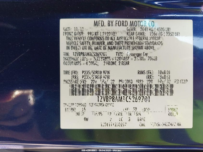 2012 Ford Mustang V6 Premium VIN: 1ZVBP8AM1C5269701 Lot: 42915661