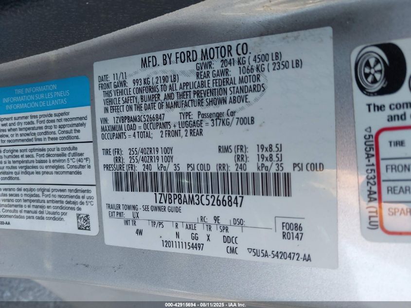 2012 Ford Mustang V6 Premium VIN: 1ZVBP8AM3C5266847 Lot: 42915694