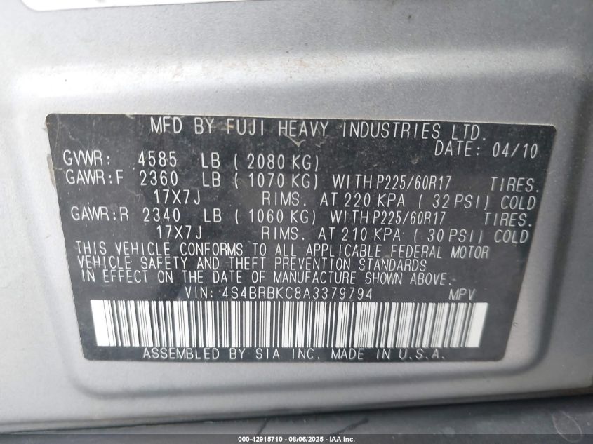 2010 Subaru Outback 2.5I Limited VIN: 4S4BRBKC8A3379794 Lot: 42915710