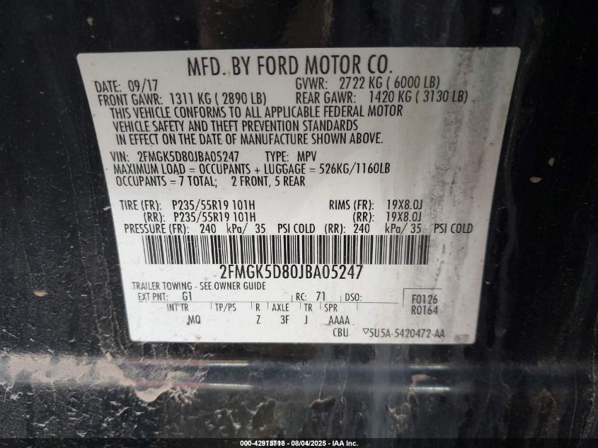 2018 Ford Flex Limited VIN: 2FMGK5D80JBA05247 Lot: 42915718