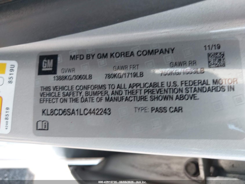 2020 CHEVROLET SPARK FWD 1LT AUTOMATIC - KL8CD6SA1LC442243