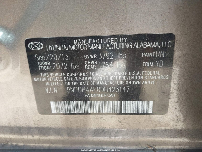 2013 HYUNDAI ELANTRA GLS 5NPDH4AE0DH423147