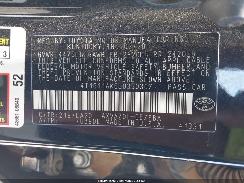 2020 TOYOTA CAMRY SE - 4T1G11AK6LU350307