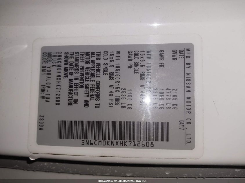 2017 Nissan Nv200 Sv VIN: 3N6CM0KNXHK712608 Lot: 42915772