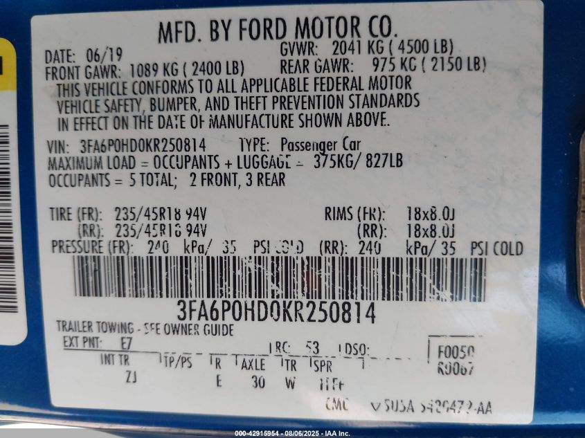 2019 FORD FUSION SE 3FA6P0HD0KR250814
