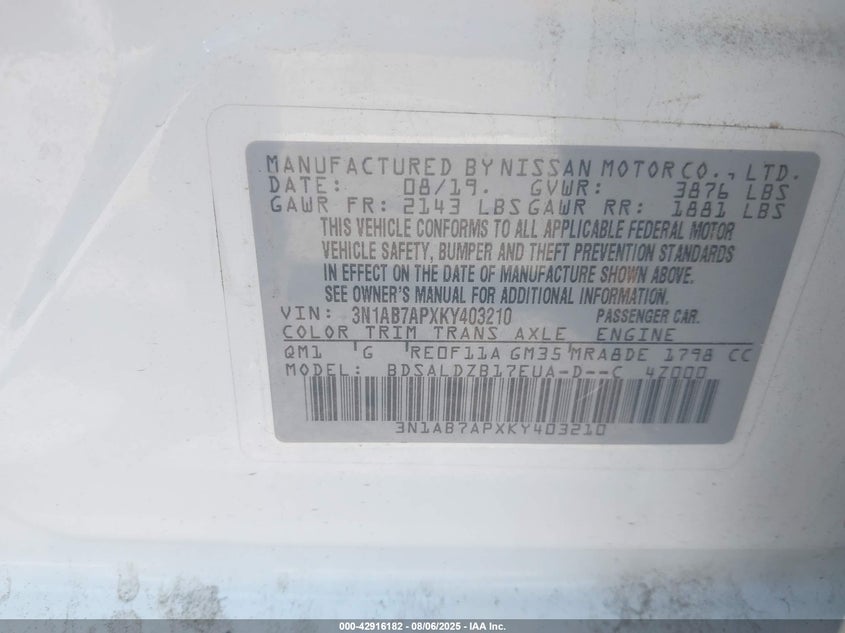 3N1AB7APXKY403210 2019 NISSAN SENTRA photo no. 9