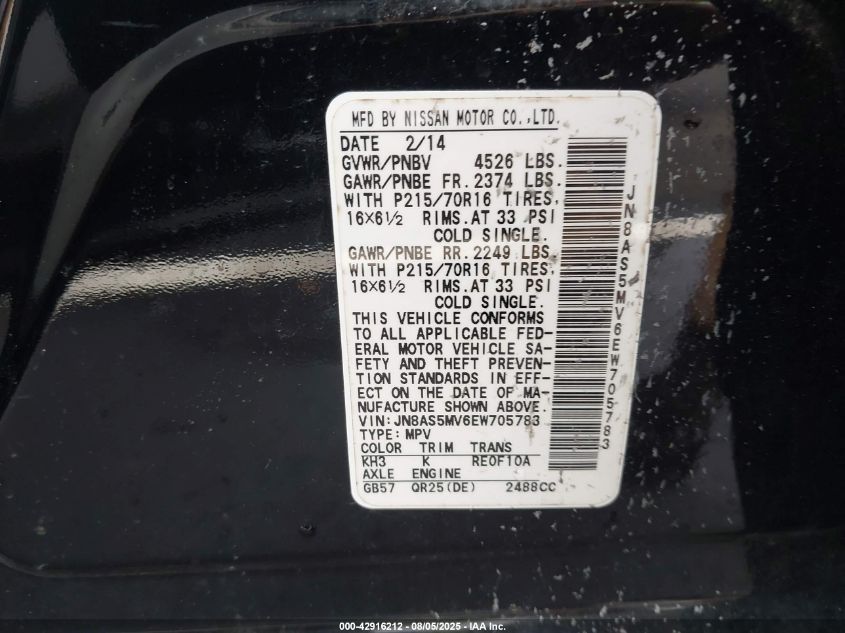 2014 Nissan Rogue Select S VIN: JN8AS5MV6EW705783 Lot: 42916212