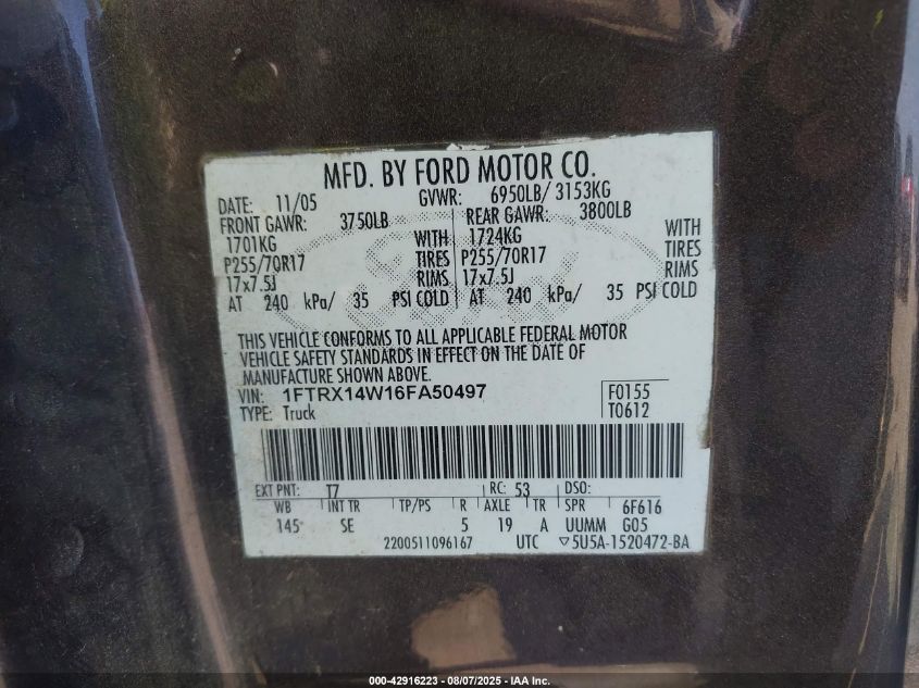 2006 Ford F-150 Stx/Xl/Xlt VIN: 1FTRX14W16FA50497 Lot: 42916223