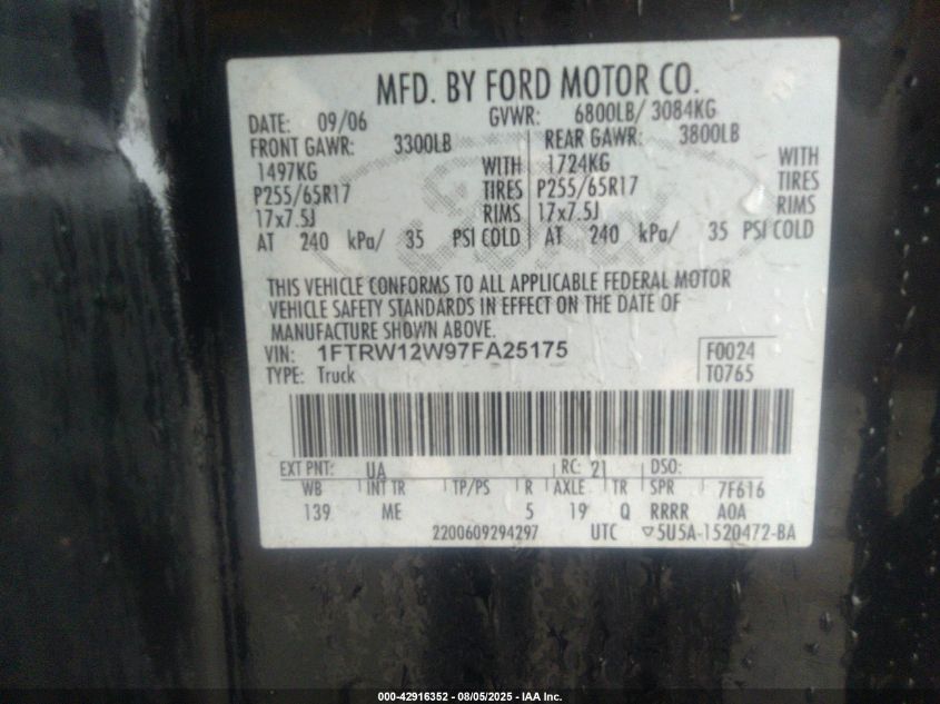 2007 Ford F-150 Xlt VIN: 1FTRW12W97FA25175 Lot: 42916352