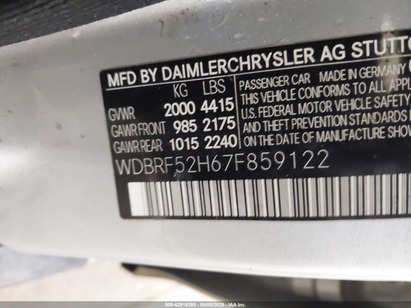 2007 Mercedes-Benz C 230 Sport VIN: WDBRF52H67F859122 Lot: 42916389