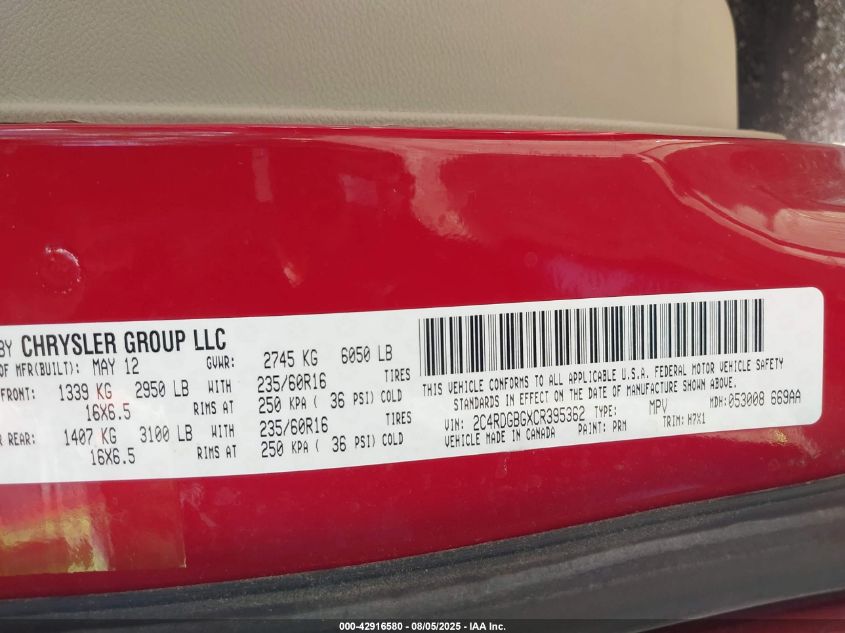 2012 Dodge Grand Caravan Se/Avp VIN: 2C4RDGBGXCR395362 Lot: 42916580