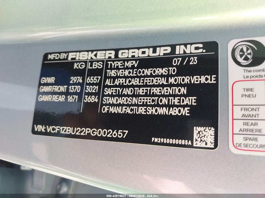 VIN VCF1ZBU22PG002657 2023 FISKER OCEAN ONE