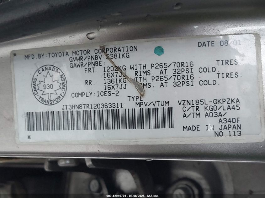 2002 Toyota 4Runner Limited VIN: JT3HN87R120363311 Lot: 42916701