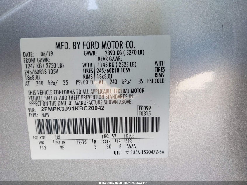 2019 FORD EDGE SEL 2FMPK3J91KBC20042