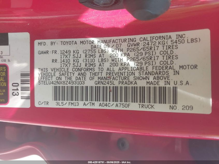 2008 Toyota Tacoma Base V6 VIN: 5TELU42NX8Z493103 Lot: 42916791