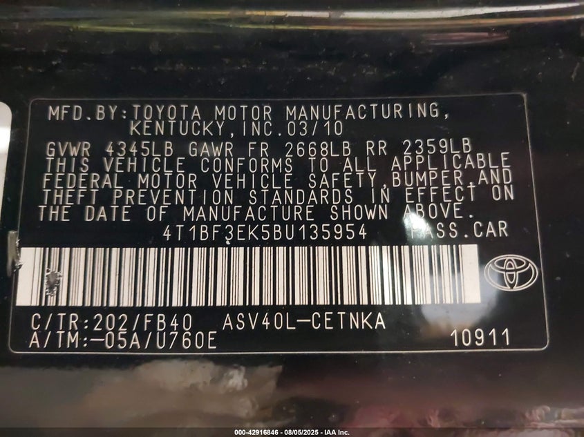 2011 Toyota Camry Le VIN: 4T1BF3EK5BU135954 Lot: 42916846