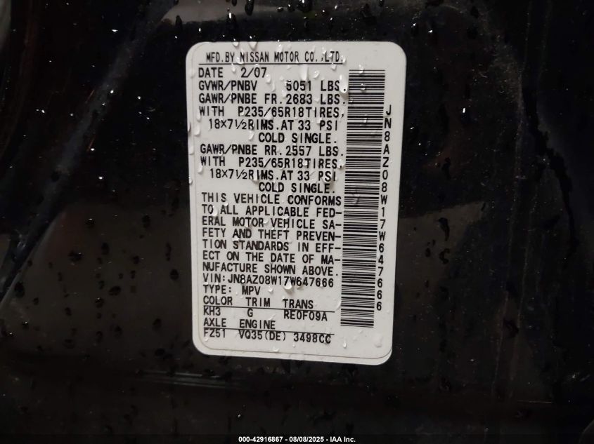 2007 Nissan Murano Se VIN: JN8AZ08W17W647666 Lot: 42916867