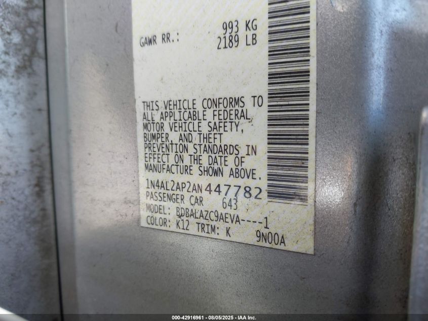 2010 Nissan Altima 2.5 VIN: 1N4AL2AP2AN447782 Lot: 42916961