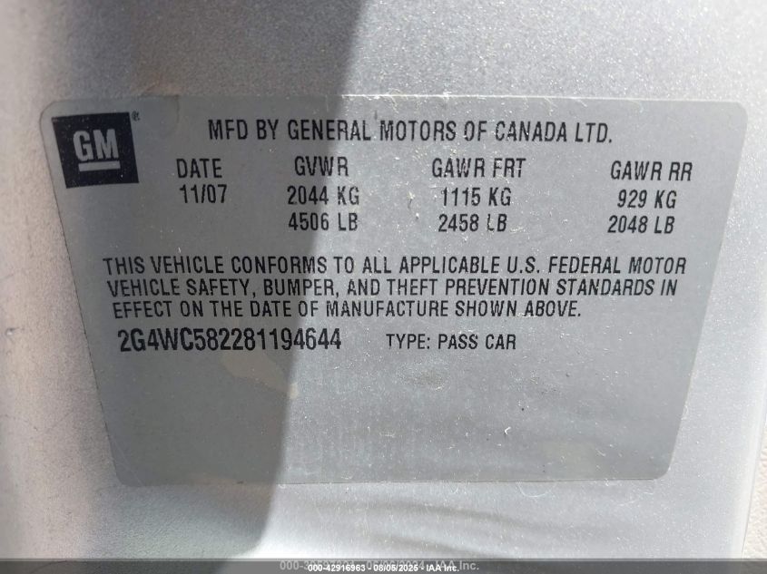 2008 Buick Lacrosse Cx VIN: 2G4WC582281194644 Lot: 42916963