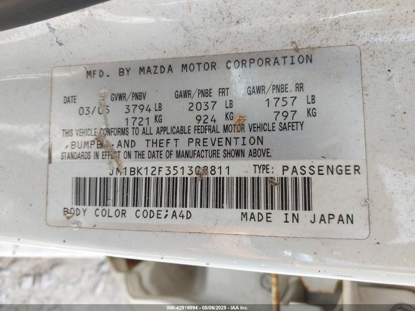 2005 Mazda Mazda3 I VIN: JM1BK12F351308811 Lot: 42916994