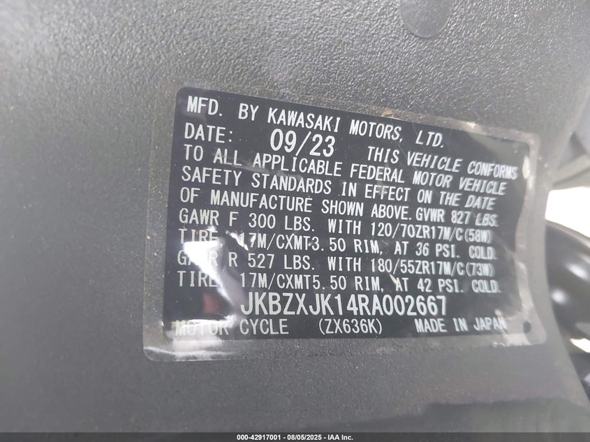 2023 Kawasaki Zx636 K VIN: JKBZXJH14PA018775 Lot: 42917001