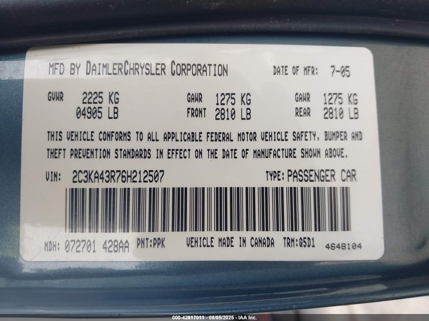 2006 Chrysler 300 VIN: 2C3KA43R76H212507 Lot: 42917011
