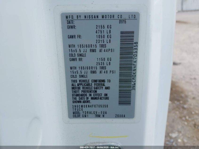 2015 Nissan Nv200 Sv VIN: 3N6CM0KN4FK705358 Lot: 42917017