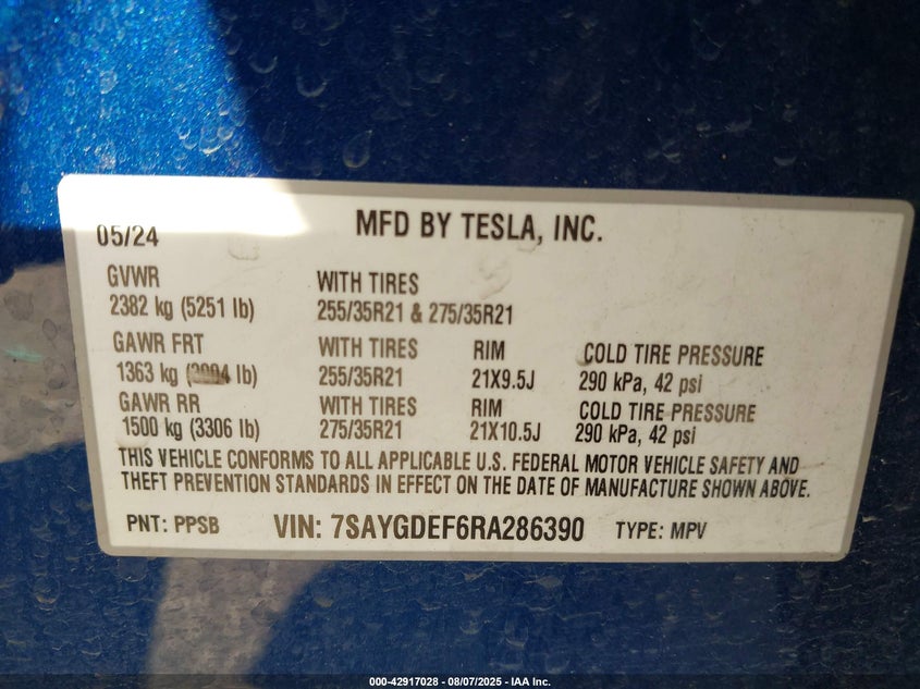 2024 Tesla Model Y Performance Dual Motor All-Wheel Drive VIN: 7SAYGDEF6RA286390 Lot: 42917028