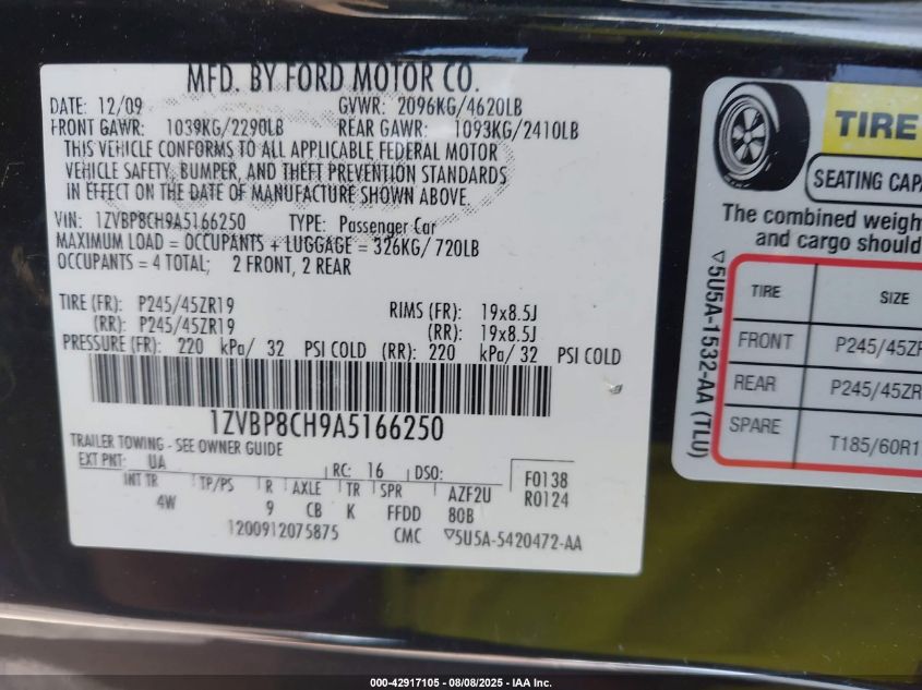 2010 Ford Mustang Gt/Gt Premium VIN: 1ZVBP8CH9A5166250 Lot: 42917105