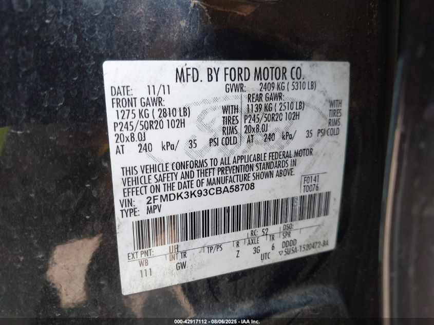 2012 Ford Edge Limited VIN: 2FMDK3K93CBA58708 Lot: 42917112