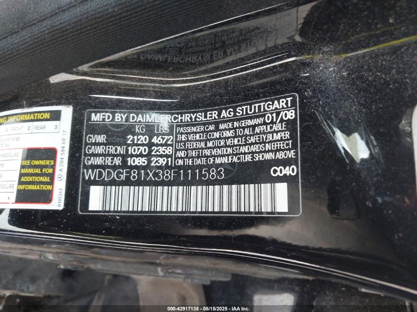 2008 Mercedes-Benz C 300 Luxury 4Matic/Sport 4Matic VIN: WDDGF81X38F111583 Lot: 42917138