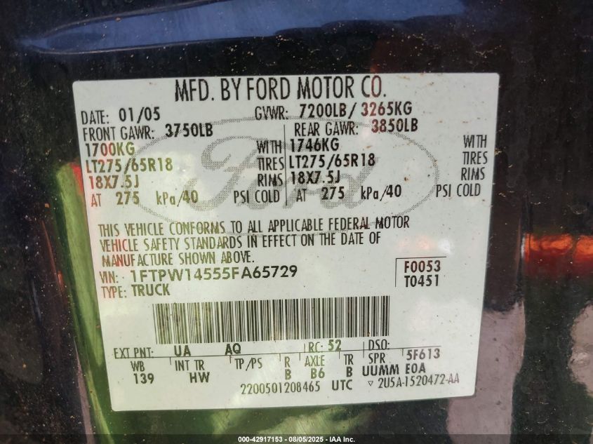 2005 Ford F-150 Fx4/Lariat/Xlt VIN: 1FTPW14555FA65729 Lot: 42917153