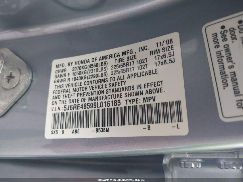 2009 Honda Cr-V Ex VIN: 5J6RE48599L016185 Lot: 42917156