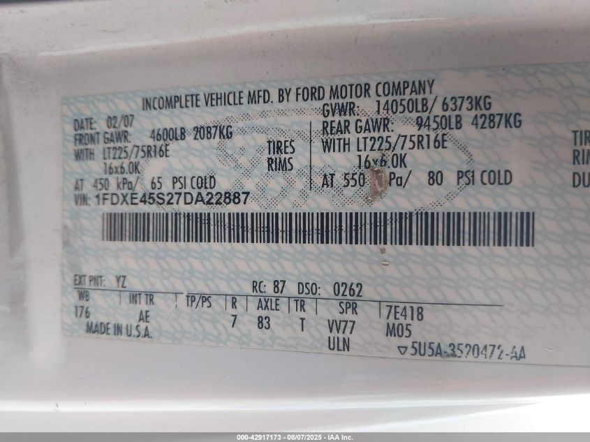 2007 Ford E-450 Cutaway VIN: 1FDXE45S27DA22887 Lot: 42917173