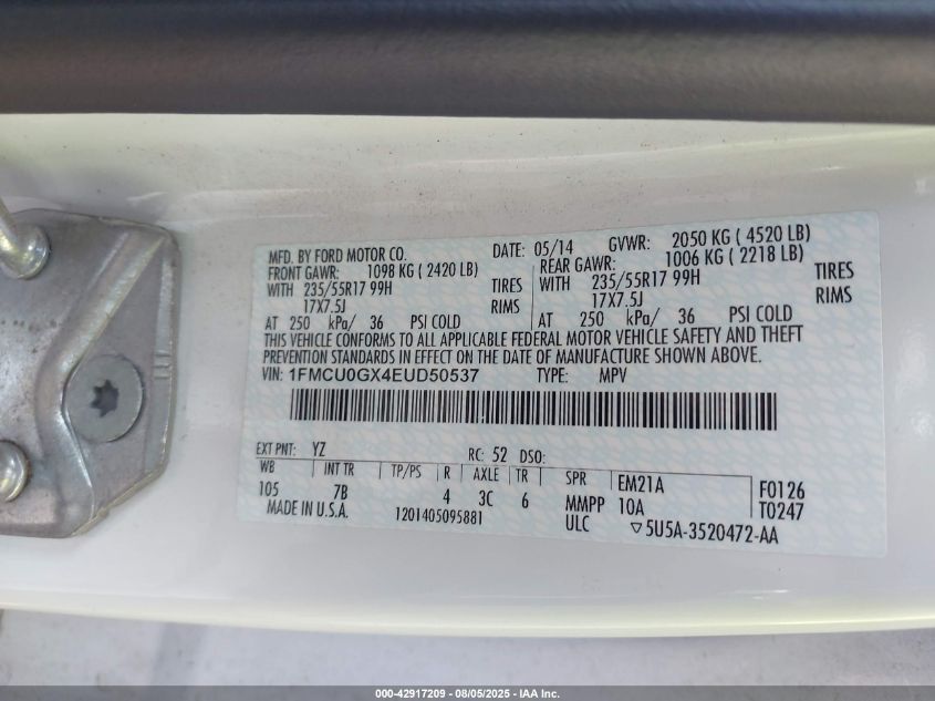 2014 Ford Escape Se VIN: 1FMCU0GX4EUD50537 Lot: 42917209