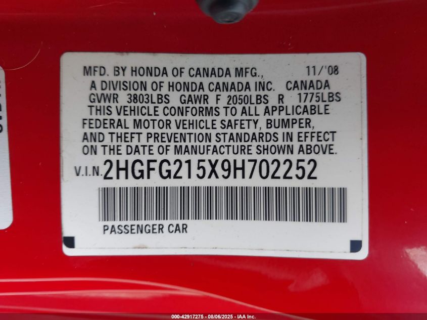 2009 Honda Civic Si VIN: 2HGFG215X9H702252 Lot: 42917275