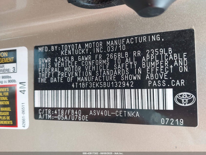 2011 Toyota Camry Le VIN: 4T1BF3EK5BU132942 Lot: 42917302