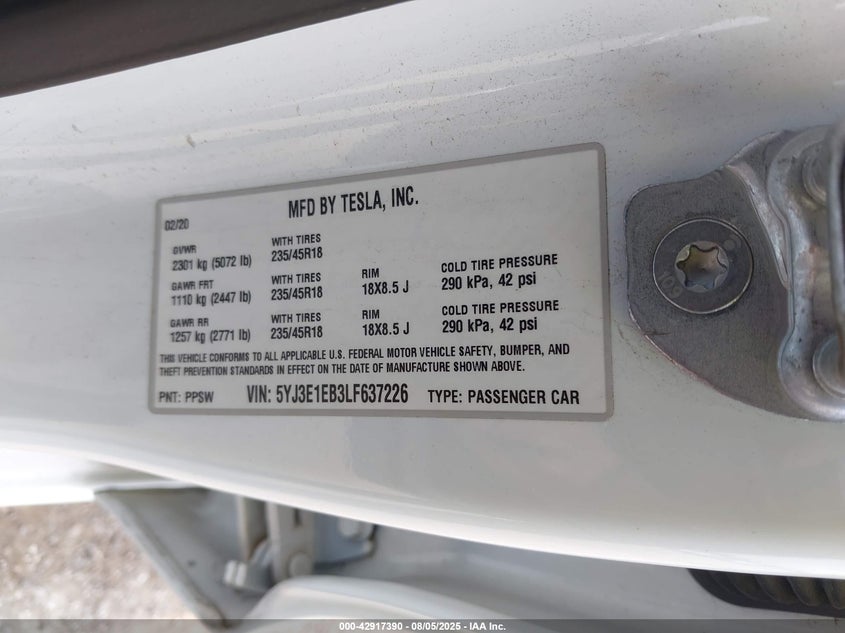 2020 Tesla Model 3 Long Range Dual Motor All-wheel Drive White Lot 111042917390 Vin 5YJ3E1EB3LF637226
