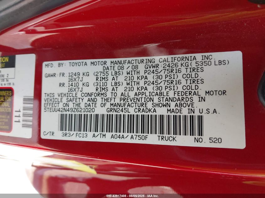 2009 Toyota Tacoma Access Cab VIN: 5TEUU42N49Z621020 Lot: 42917408