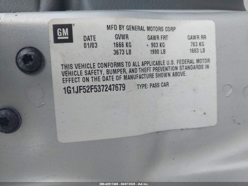 2003 Chevrolet Cavalier Ls VIN: 1G1JF52F537247679 Lot: 42917469