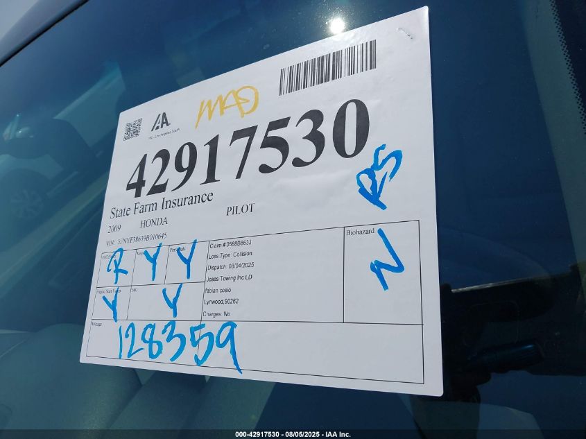 2009 Honda Pilot Ex-L VIN: 5FNYF38639B010645 Lot: 42917530