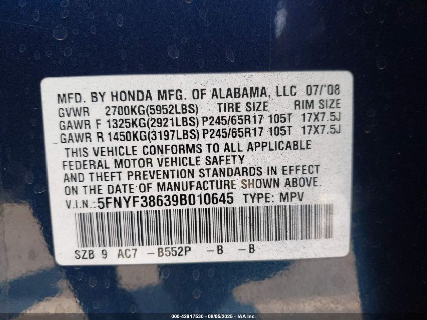 2009 Honda Pilot Ex-L VIN: 5FNYF38639B010645 Lot: 42917530