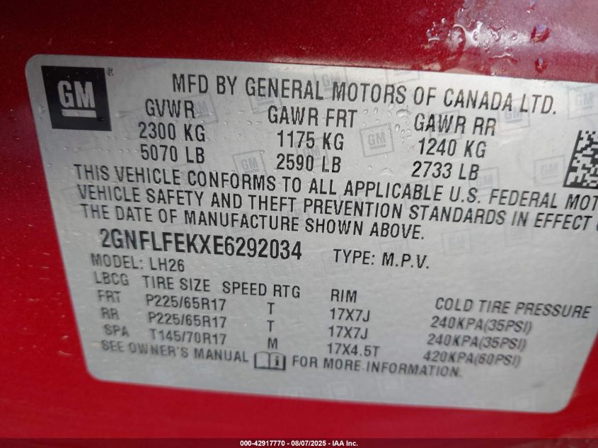 2014 Chevrolet Equinox 1Lt VIN: 2GNFLFEKXE6292034 Lot: 42917770