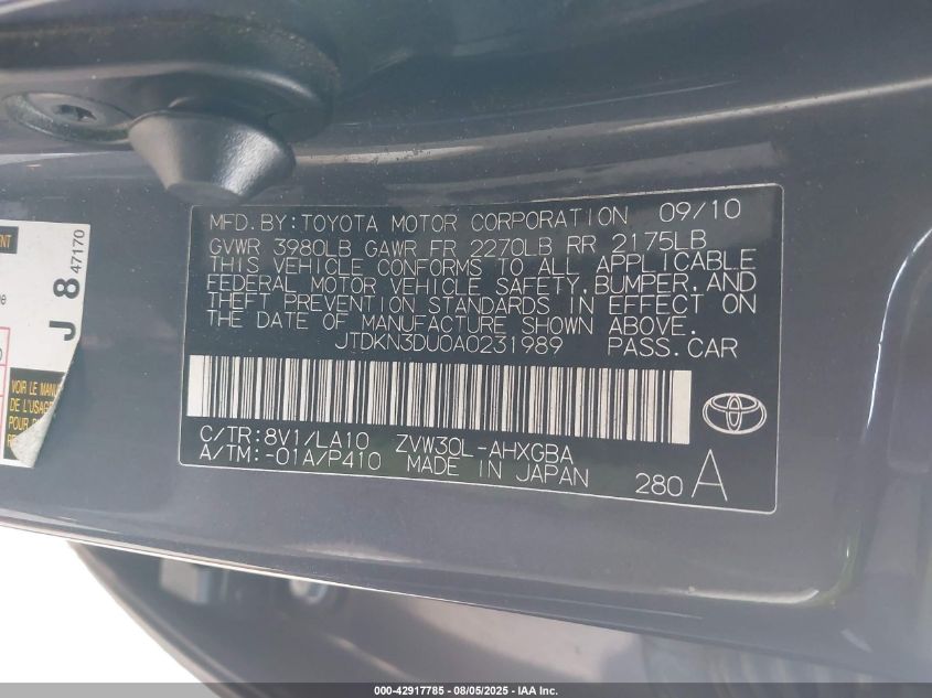 2010 Toyota Prius Iv VIN: JTDKN3DU0A0231989 Lot: 42917785