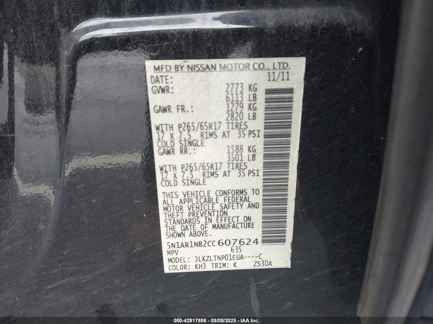 2012 Nissan Pathfinder Sv VIN: 5N1AR1NB2CC607624 Lot: 42917806