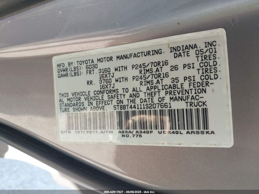 2001 Toyota Tundra Sr5 V8 VIN: 5TBBT44111S207661 Lot: 42917827