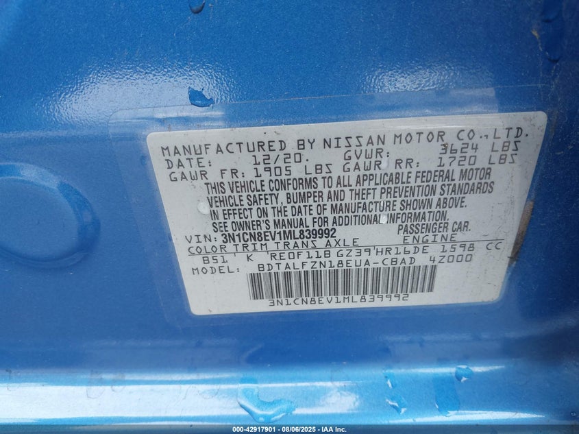 2021 Nissan Versa Sv Xtronic Cvt VIN: 3N1CN8EV1ML839992 Lot: 42917901