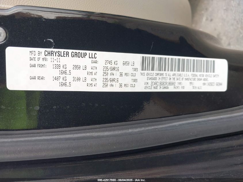 2012 Chrysler Town & Country Touring VIN: 2C4RC1BG8CR186802 Lot: 42917955